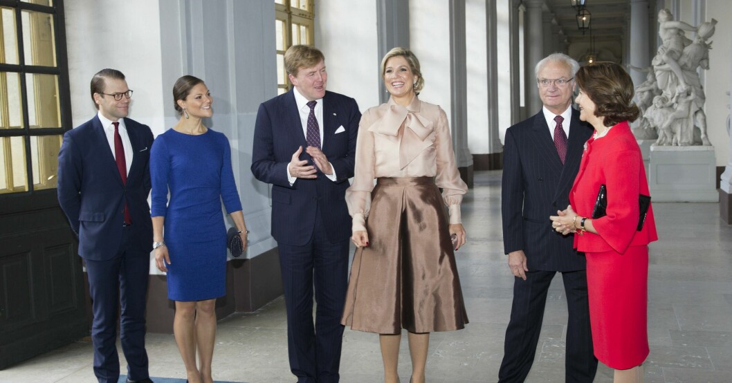 Prins Daniel, kronprinsessan Victoria, kung Willem-Alexander, drottning Máxima, kung Carl Gustaf och drottning Silvia. Prins Daniel, kronprinsessan Victoria, kung Willem-Alexander, drottning Máxima, kung Carl Gustaf och drottning Silvia