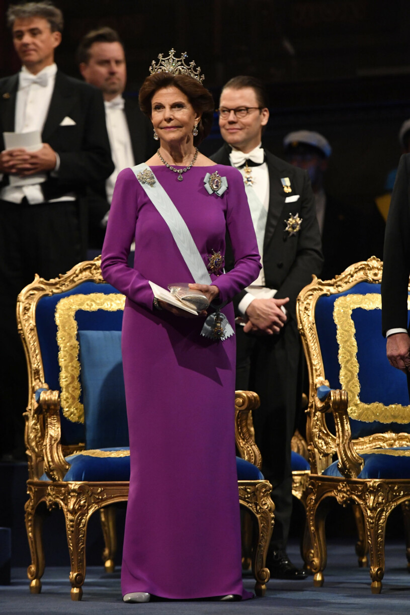 Silvia på Nobelfesten år 2017, i en stilren klänning från det tyska märket Georg et Arend.