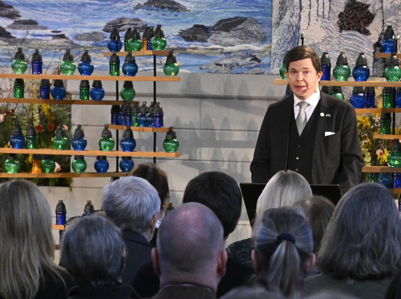 Talmannen Andreas Norlén höll ett av dagens tal. Talman Andreas Norlén vid Förintelsens minnesdag 2023