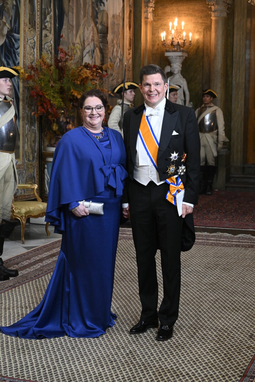 Talman Andreas Norlén med sin fru Helena Norlén anländer till galamiddagen på Kungliga slottet för det nederländska kungaparet som besöker Sverige under tre dagar.
