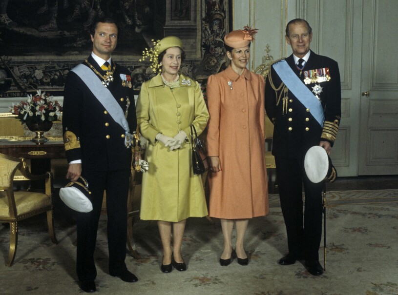 Drottning Elizabeth och prins Philip på besök hos svenska kungafamiljen 1983.