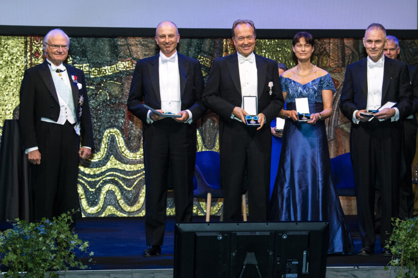 Kungen med guldmedaljörerna Mikael Dolsten, Lars Börjesson, Sara Mazur och Sverker Sörlin. IVA 2021 Kungen med guldmedaljörerna Mikael Dolsten, Lars Börjesson, Sara Mazur och Sverker Sörlin
