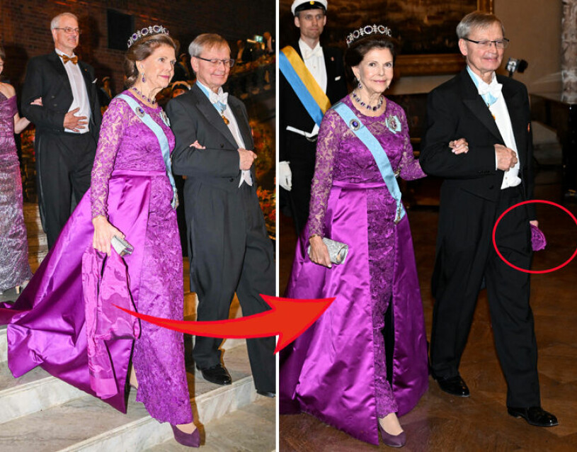 Drottning Silvias bordsherre räddade sjalen. Drottning Silvia på Nobel 2022 i lila klänning med Carl-Henrik Heldin