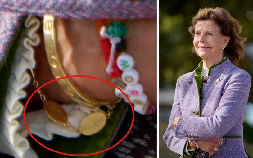 Prinsessan Madeleines son och hans gulliga namnteckning ”NiColAs” – gjord när han precis hade lärt sig skriva. Armbandet med barnbarnens namn som drottning Silvia bär
