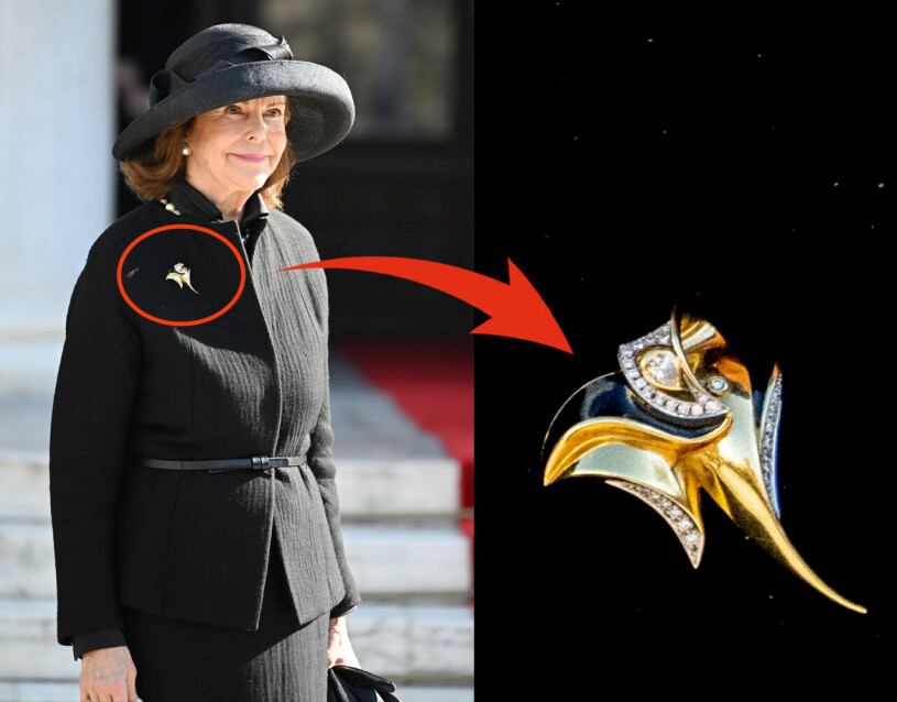 Var så säker: Detta smycke bär på ett budskap. Drottning Silvia talar ju genom sina broscher, precis som salig drottning Elizabeth. Drottning Silvias brosch på kung Konstantins begravning i Aten