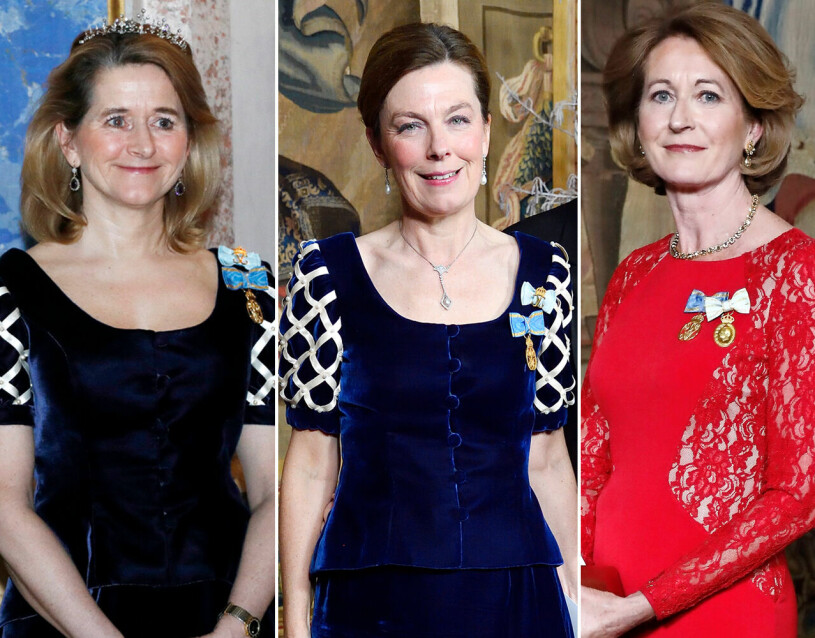 ”Gänget” på drottningens kontor, fr v: Hovdamen Harriet Bredelius, statsfrun Anna Hamilton och hovsekreteraren Sigrun Berg – här klädda till kunglig fest. Hovdamen Harriet Bredelius, Statsfrun Anna Hamilton och drottning Silvias sekreterare Sigrun Berg