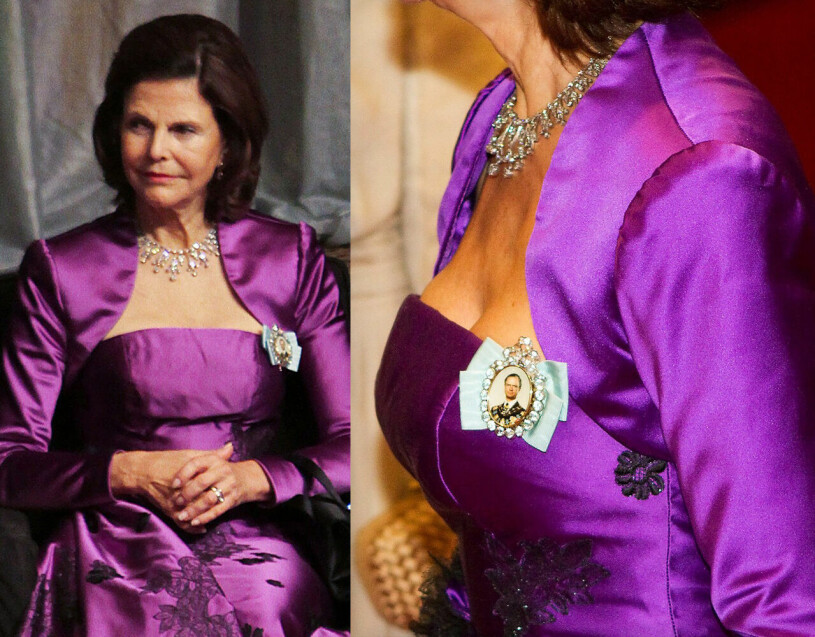 Drottning Silvia – med prinsessan Madeleines tiara runt halsen. Drottning Silvia med prinsessan Madeleines tiara som halsband