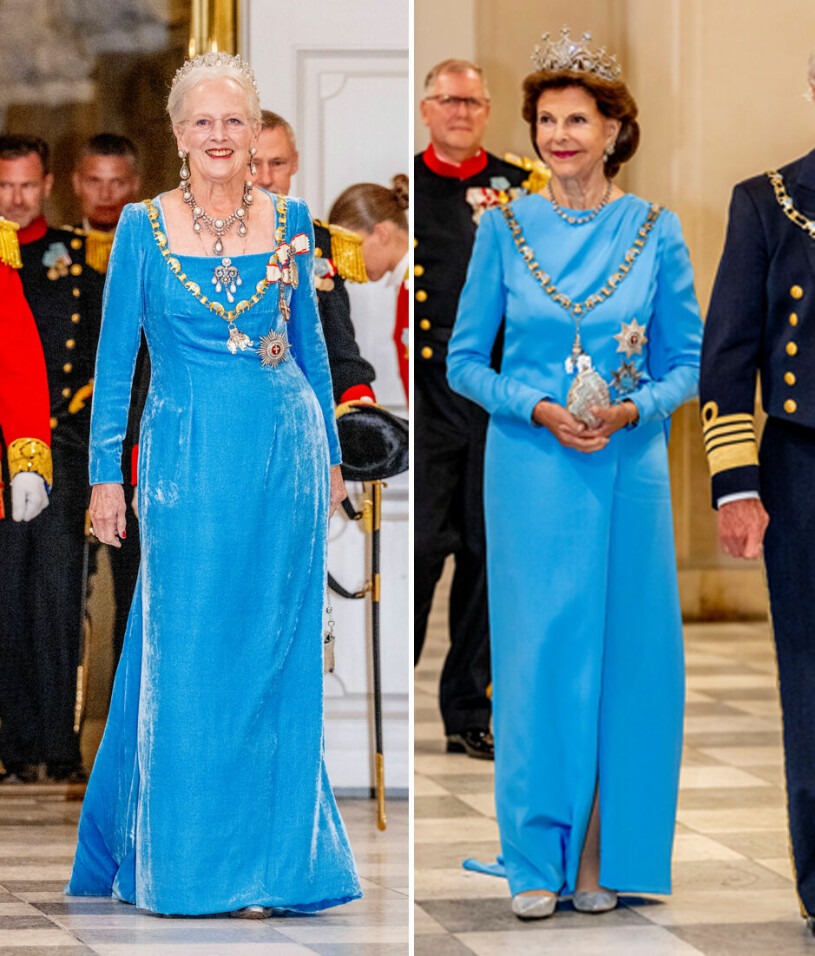 Drottning Silvia och drottning Margrethe på fest i klänningar i samma färg