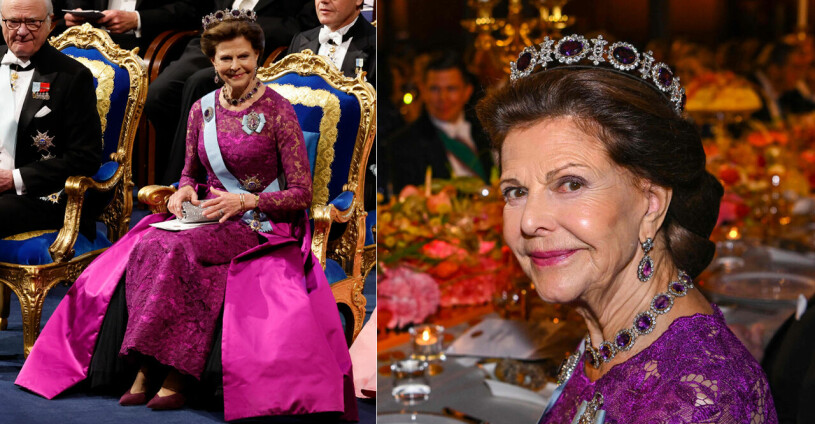 Drottning Silvias Nobellook. Drottning Silvia i 2022 års Nobelklänning och tiara