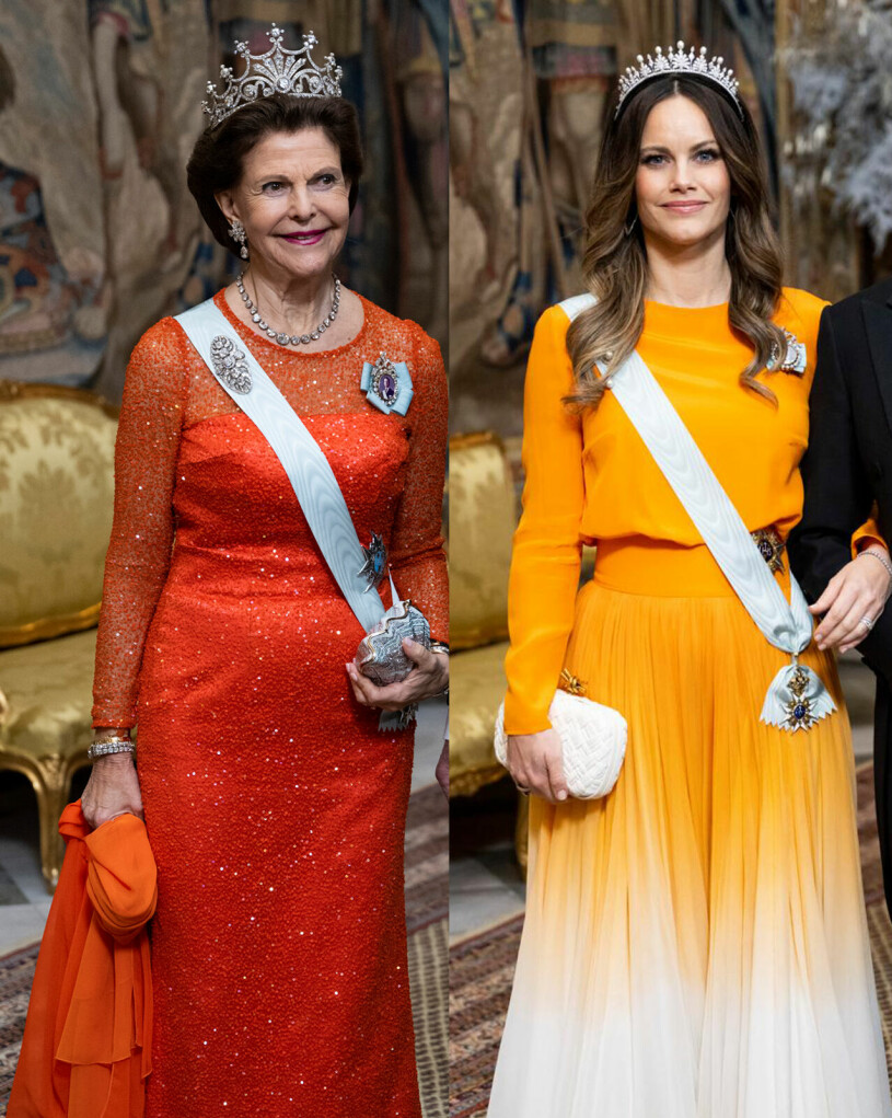 Silvia i kärleksrött och Sofia i oranga plisseringar. Drottning Silvia och prinsessan Sofia i galaklänning i matchande orange