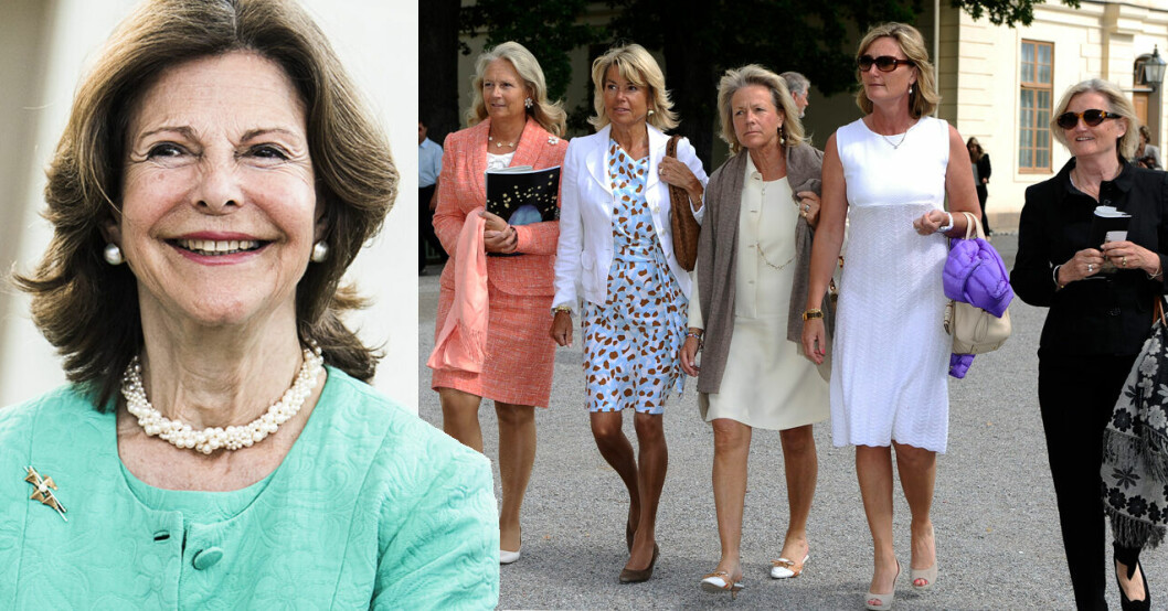 Några av drottning Silvias lojala väninnor. Från vänster Elisabeth Fernström, Agneta Kreuger, Agneta Banér, Putzi Brodin och Gunilla Öhrvall. Drottning Silvia lunch lunchade väninnorna Thielska galleriet Café Monika Ahlberg