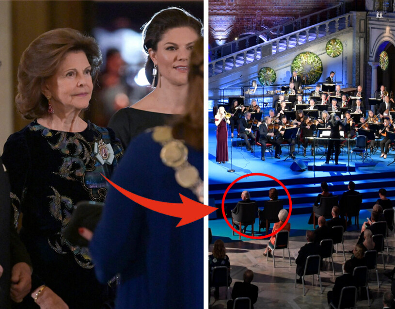 Kungen och drottning Silvia på sina stolar nedanför scenen, under Kungliga Filharmonikernas framträdande. Drottning Silvia Kronprinsessan Victoria Nobel 2021 Blå hallen Stockholms stadshus