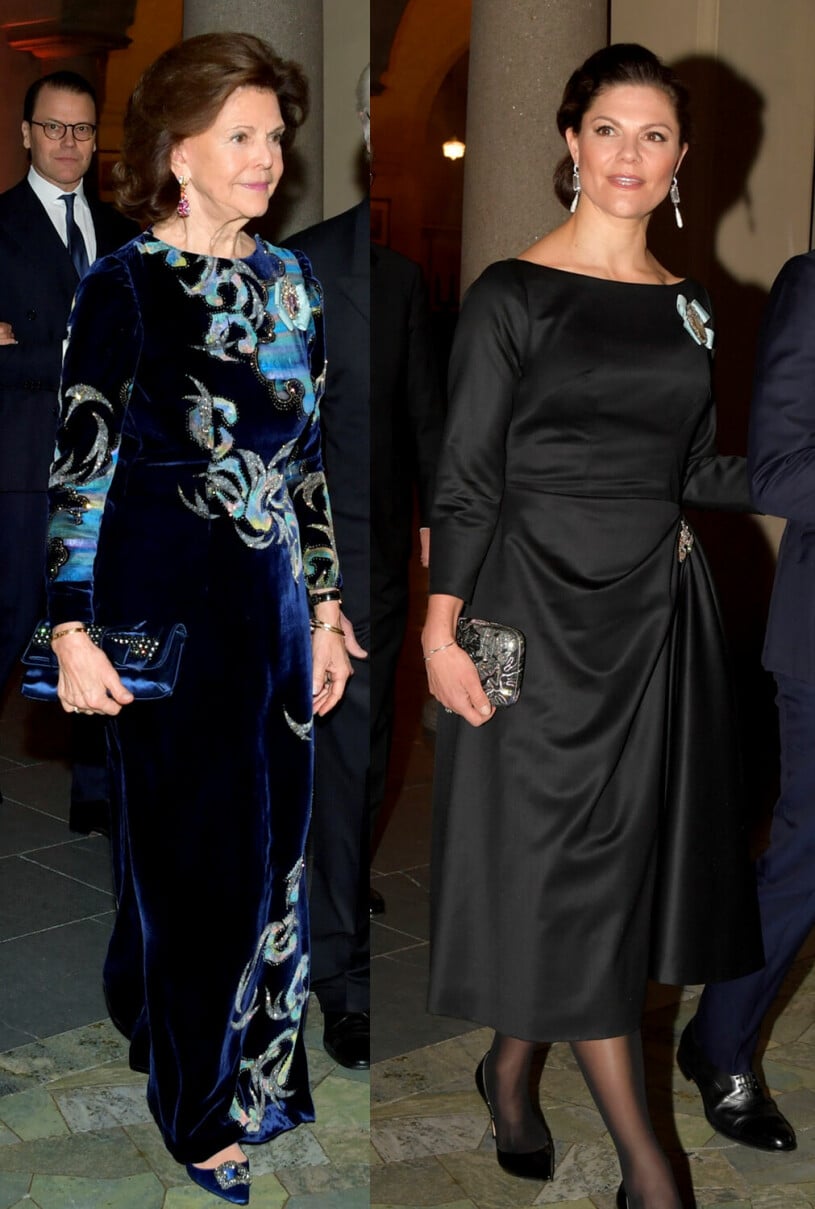 Kronprinsessan Victorias vintagelook – bredvid drottning Silvias skräddarsydda sammet, pimpad med paljetter. Och missa inte hennes sylvassa Manolo Blahnik-pumps med strass! Nobel 2021 Drottning Silvia Kronprinsessan Victoria Pär Engsheden Manolo Blahnik