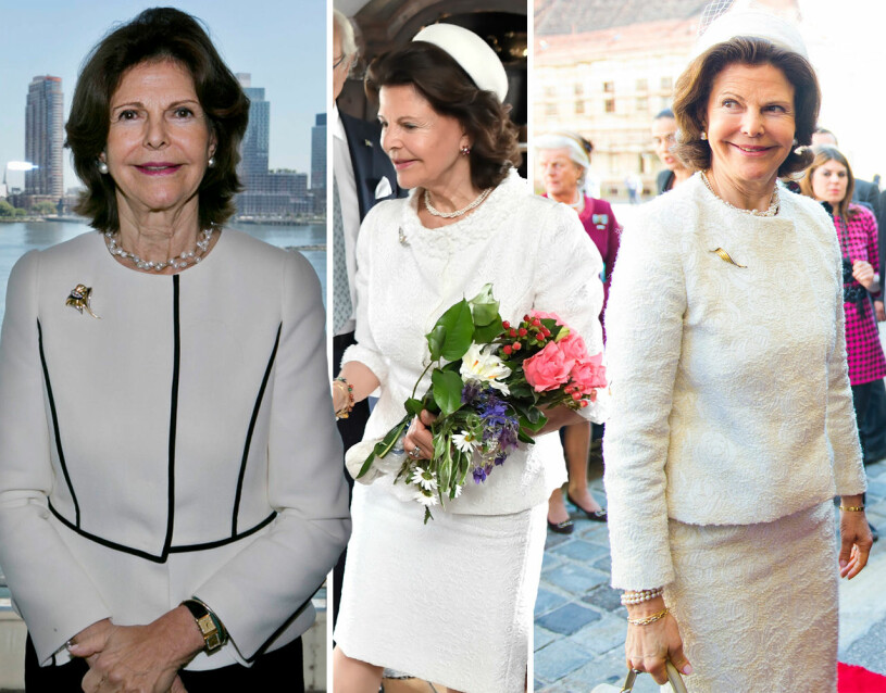 Drottning Silvia och några av hennes vita dräktjackor. En del har krage, men oftast väljer hon den kraglösa varianten, som här. Drottning Silvias vita dräkter