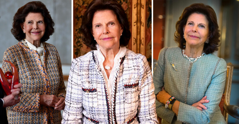 Drottningen och de tre Chaneljackorna. Längst till vänster på kungens 75-årsdag. Drottning Silvia chanellook