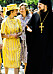 Drottning Silvia i gulrandig klänning i Moskva 1978.