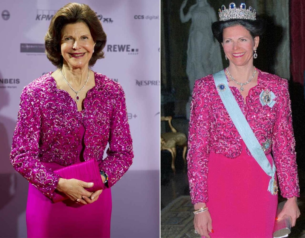 Nyfiken på Silvias afton-strategi? Här är en: Tvådelat. Eftersom det är så lätt att variera. Här återanvänder drottning Silvia sin gamla rosa klänning, den är från år 1993.
