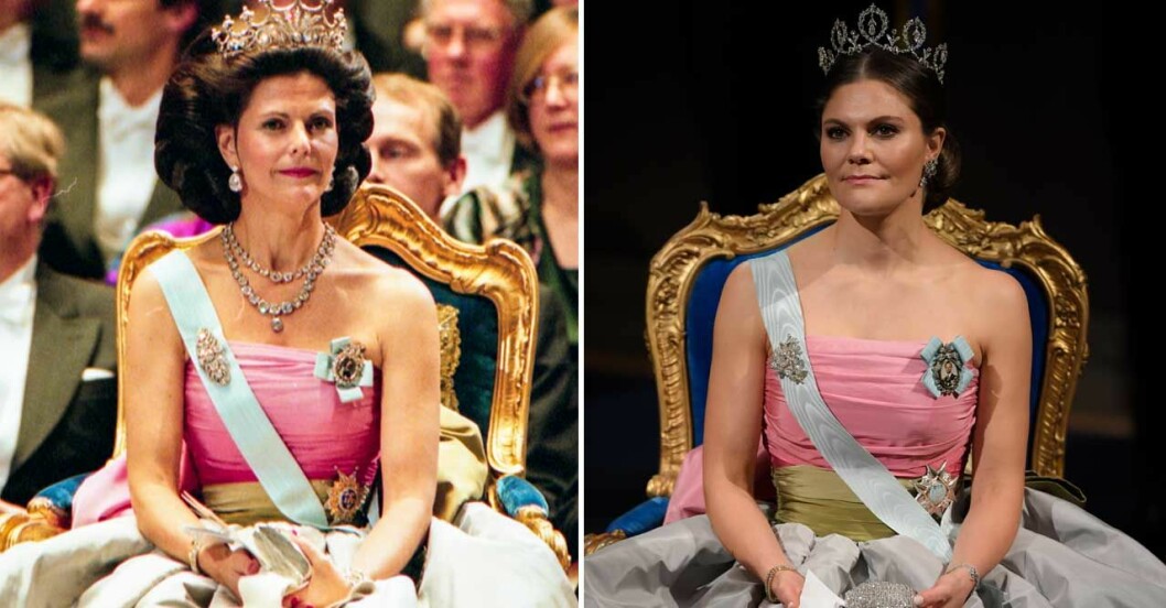 Kronprinsessan Victoria i drottning Silvias Nobelklänning, ett exempel på hennes hållbarhetstänk. Kronprinsessan Victoria i drottning Silvias Nobelklänning