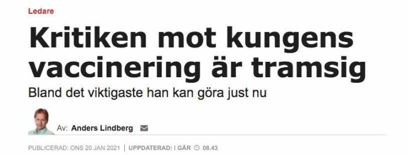 Aftonbladet ledarsida i veckan. Aftonbladet ledarsida kungen vaccinering Covid-19