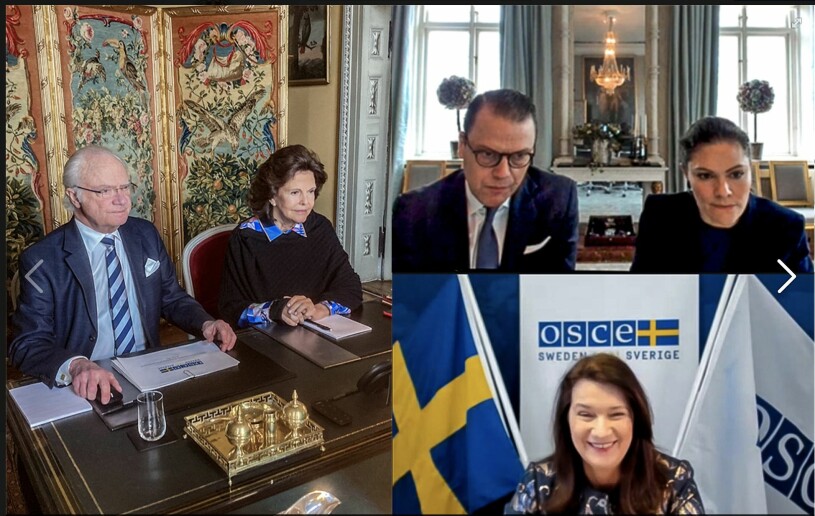 Victoria och Daniel deltog från Haga och kungaparet från sin privata våning på Drottningholm. Till höger ser du Ann Linde. Kungen Drottning Silvia Kungaparet Kronprinsessan Victoria Prins Daniel Utrikesminister Ann Linde OSSE