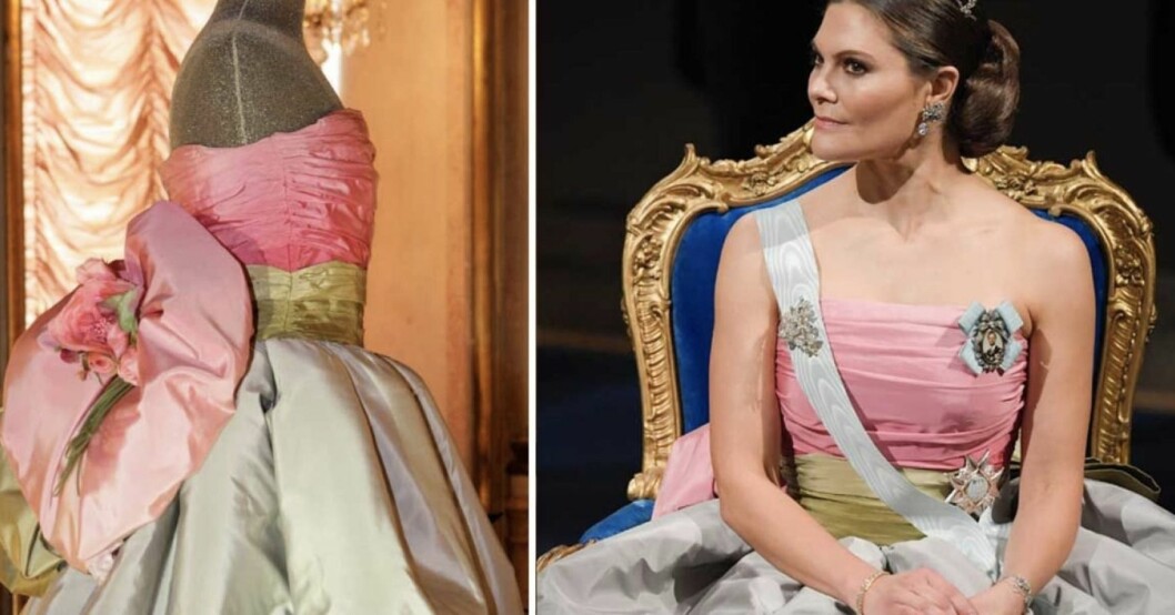 Victoria på Nobelfesten i drottning Silvias Nina Ricci-klänning från 1995. Kronprinsessan Victoria Drottning Silvias Nobelklänning 1995 Nina Ricci Hållbarhet Retroklänning