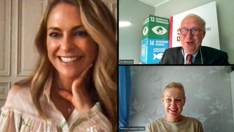 Första bilden sedan hemkomsten: En glad och Florida-brun Madeleine vid videomötet med landshövding Per Bill och länsrådet Veronica Lauritzsen. Prinsessan Madeleine videomöte landshövding Per Bill Gävleborg och länsråd Veronica Lauritzsen