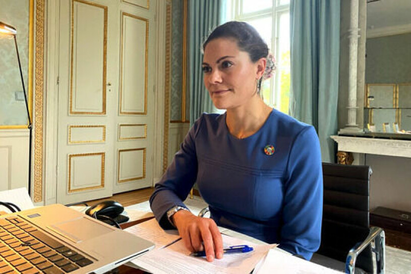 Kronprinsessan Victoria vid dagens möte, rattat hemifrån matsalen på Haga slott. Och hon ser äntligen ut att ha fått en kontorsstol!