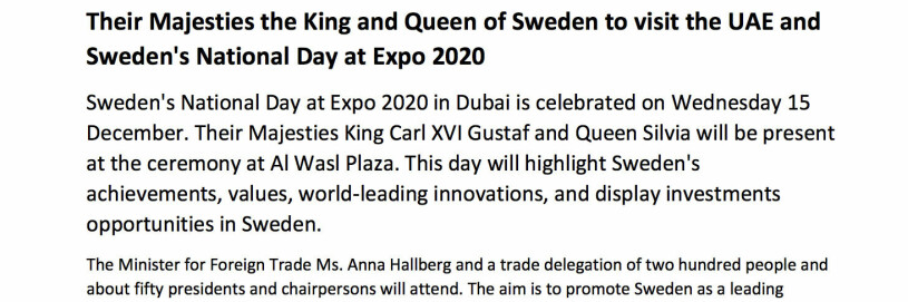 Pressmeddelandet om Kungliga besöket Dubai 2021 World Expo