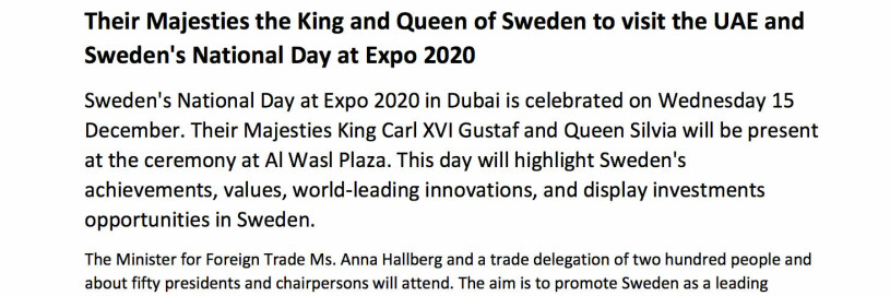 Det officiella pressmeddelandet – men nu tvingas drottningen stanna hemma. Pressmeddelandet om Kungliga besöket Dubai 2021 World Expo