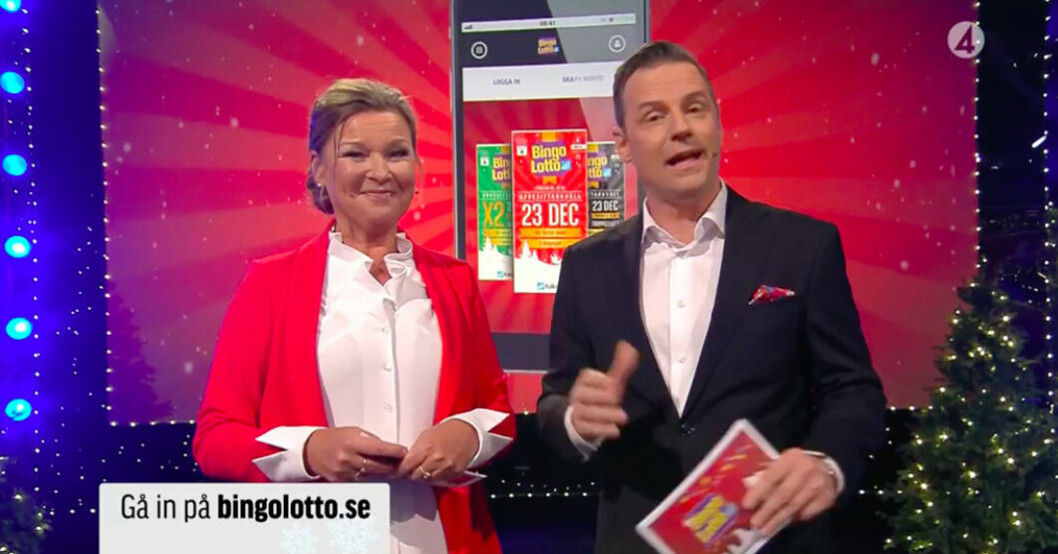 Lotta Engberg och Stefan Odelberg höll bluffen för sig själva! Lotta Engberg och Stefan Odelberg i Bingolottos uppesittarkväll