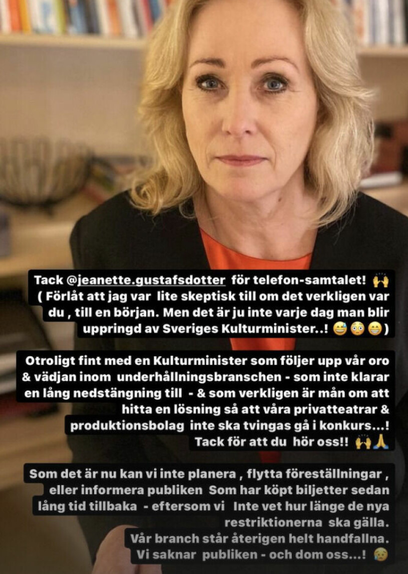 Pernillas tack till kulturminister Jeanette Gustafsdotter efter samtalet!