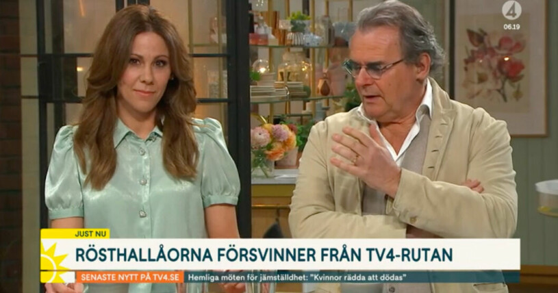 Steffo Törnquists berättar om TV4:s beslut att ta bort rösthallåorna med en suck. Sofia Geites och Steffo Törnquist i Nyhetsmorgon