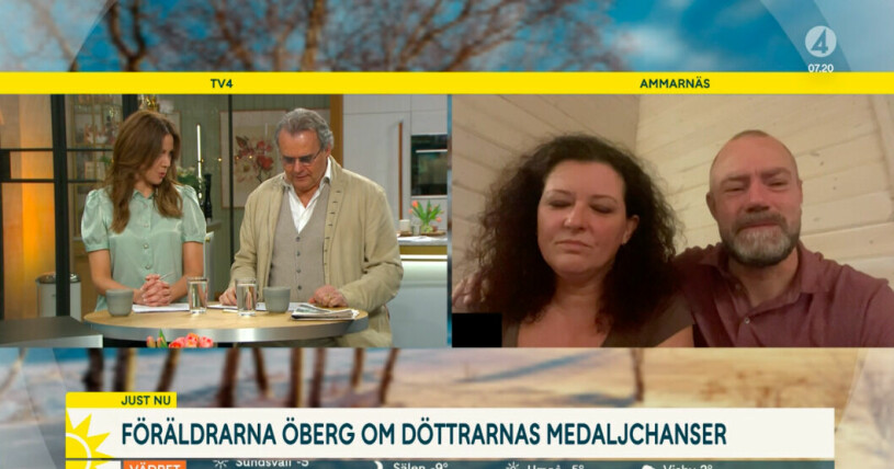 Steffo Törnquist råkar säga fel namn men Sofia Geite räddar situationen. Sofia Geite och Steffo Törnquist i Nyhetsmorgon