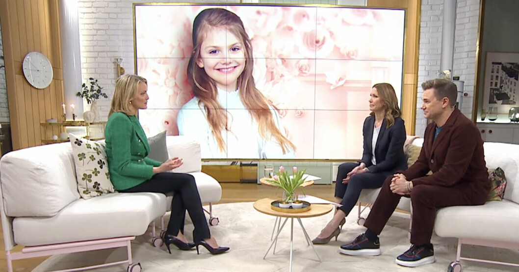 Sara Ericsson i Nyhetsmorgon för att prata om Estelles födelsedag. Sara Ericsson