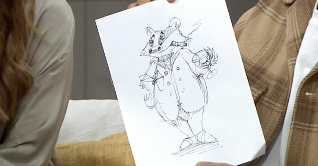 Pelle Magnestams skiss av Steffo Törnquist – som en "gammal grävling" i Masked Singer.