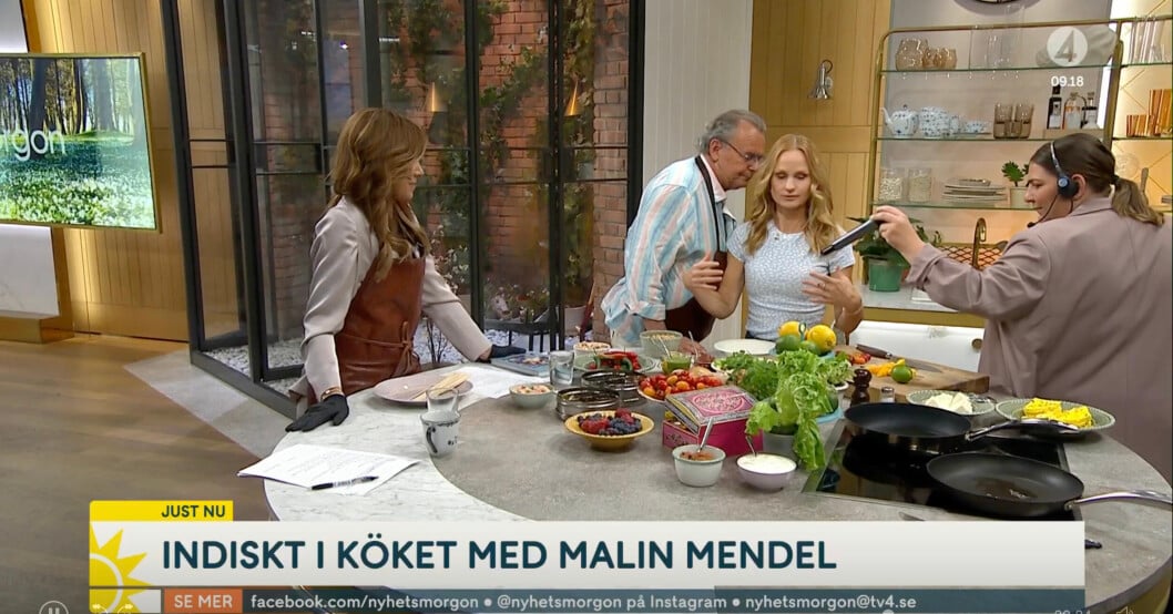 Produktionen tvingas gripa in – mitt i sändning. Sofia Geite, Steffo Törnqvist och Malin Mendel i Nyhetsmorgon