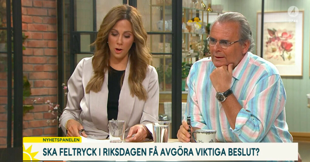 Steffo Törnquist tar tillbaka sitt förslag efter kritiken och ber sedan gästen att "ta det lugnt". Sofia Geite och Steffo Törnquist