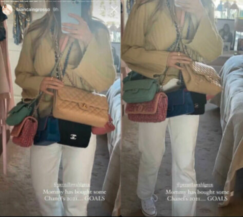 Pernilla Wahlgren häromåret med sina sex nyshoppade Chanelväskor runt halsen, en bild från Biancas instagram. Pernilla Wahlgren med sina chanelväskor