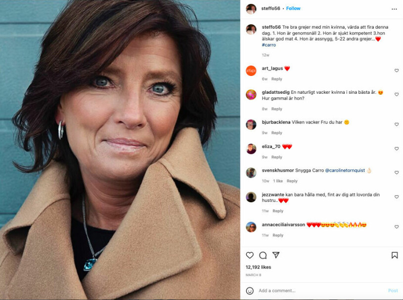 Steffo Törnquist hyllar regelbundet sin fru Caroline på Instagram. Caroline Törnquist