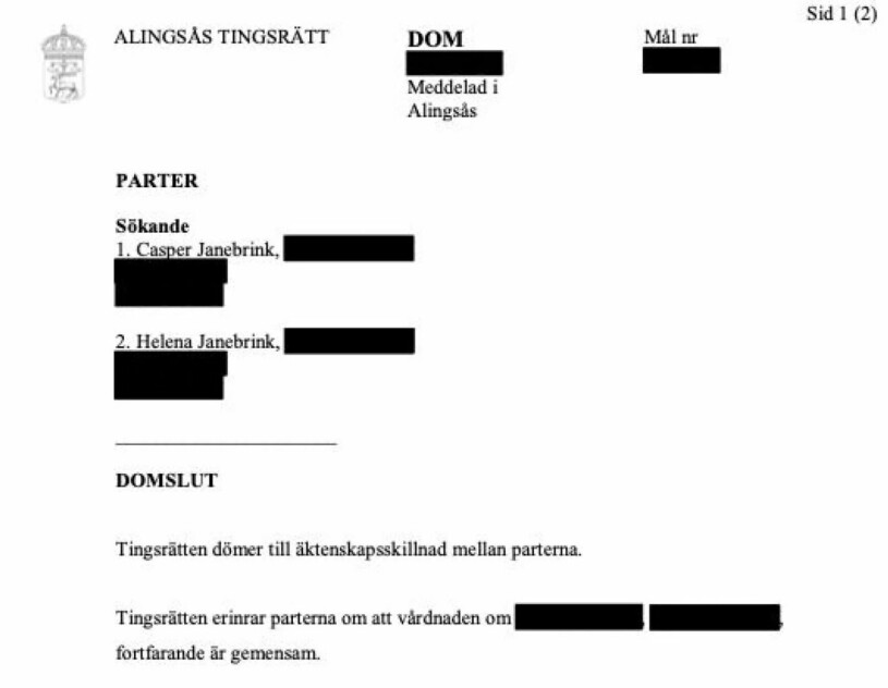 Skilsmässoansökan som Hänt tagit del av. Källa: Alingsås tingsrätt