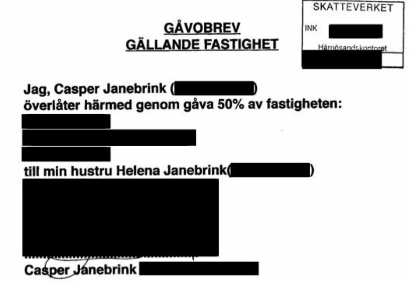 Janebrinks äktenskapsförord från 2003 som Hänt begärt ut. Källa: Skatteverket