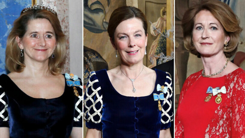 Statsfrun Anna Hamilton flankerad av hovdamen Harriet Bredelius och drottning Silvias sekreterare Sigrun Berg. Statsfru Anna Hamilton, hovdam Harriet Bredelius och drottning Silvias sekreterare Sigrun Berg