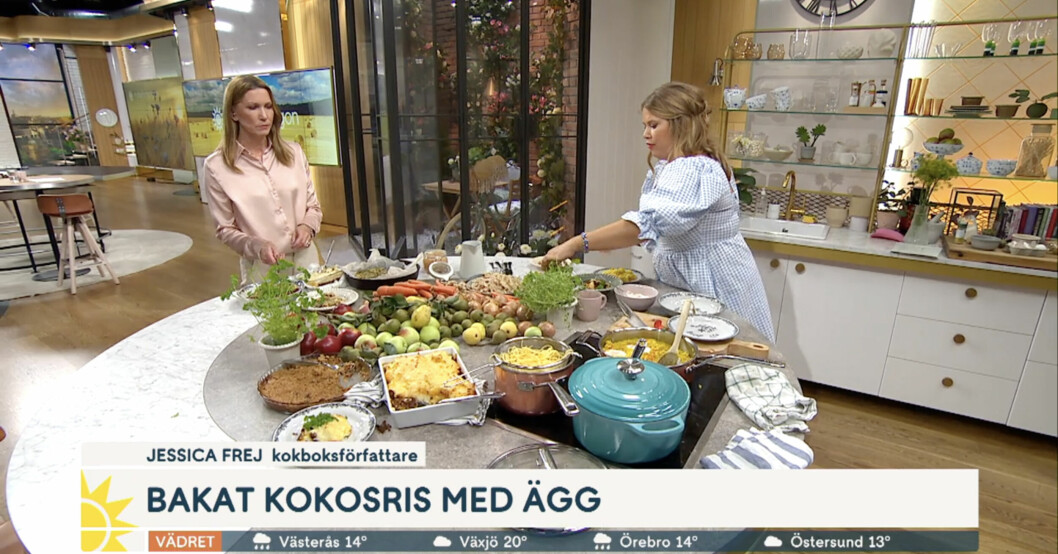 Jenny Alversjö hann knappt smaka på Jessica Frejs mat innan det var dags att gå vidare i Nyhetsmorgon. Jenny Alversjö och Jessica Frej