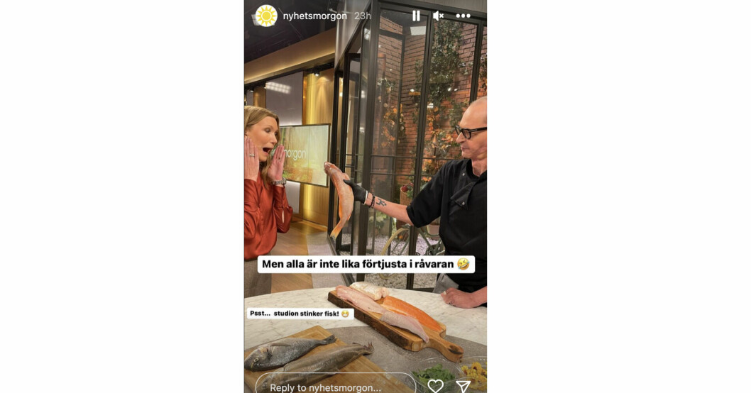Jenny Alversjö gillar inte fisken i sin råa form... Foto: Instagram/Nyhetsmorgon Jenny Alversjö och Erik Videgård i Nyhetsmorgon