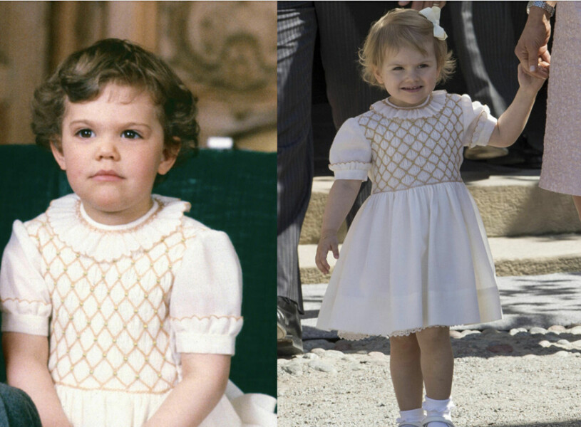 Kronprinsessan Victoria som liten och dottern prinessan Estelle i samma klänning
