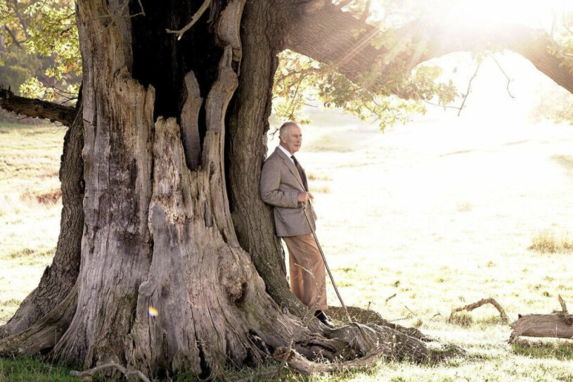 Kung Charles, en luttrad man i dessa The Crown-tider. Brittiska kungafamiljens nya födelsedagsbild på kung Charles 74 år