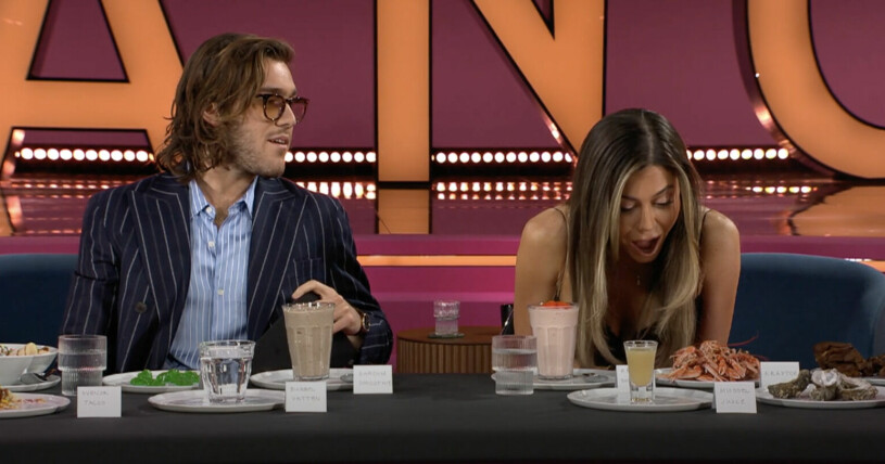 Benjamin och Bianca kör "svara eller svälj" i Biancas talkshow.