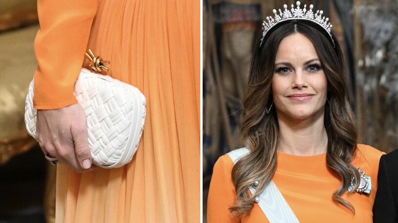 Sofia bär sin egen bröllopstiara, en snygg lyxclutch och ett par vackra örhängen som glittrar i håret.