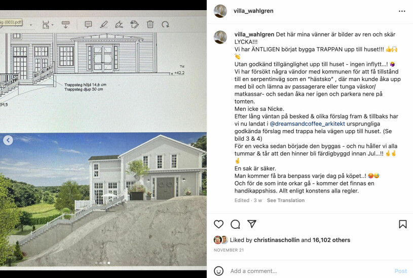 Det slutgiltiga resultatet! Inte fullt lika brant, men fortfarande omöjligt att ta sig upp för med rullstol. En bild på ritningen av Pernilla Wahlgrens nya lyxhus samt en datorgjord bild på det färdiga huset.