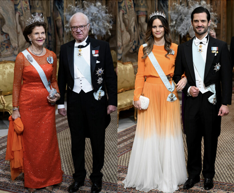 Drottningen och prinsessan sken upp som solen! En sammansatt bild av drottning Silvia i en orange paljettklänning bredvid kung Carl XVI Gustaf, och prinsessan Sofia i en orange och vit klänning bredvid prins Carl Philip på middag på Slottet